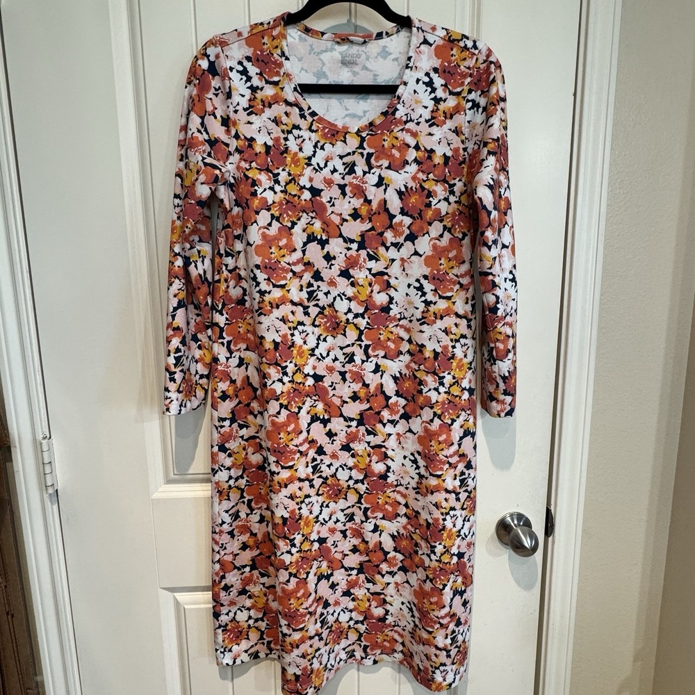 Lands' End Women's Knit Dress Floral Print Long Sleeve Cotton Size M (10/12)